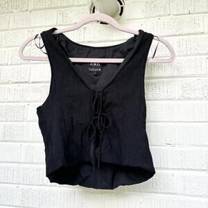Zara Black Textured Tie Front Crop Tank Top